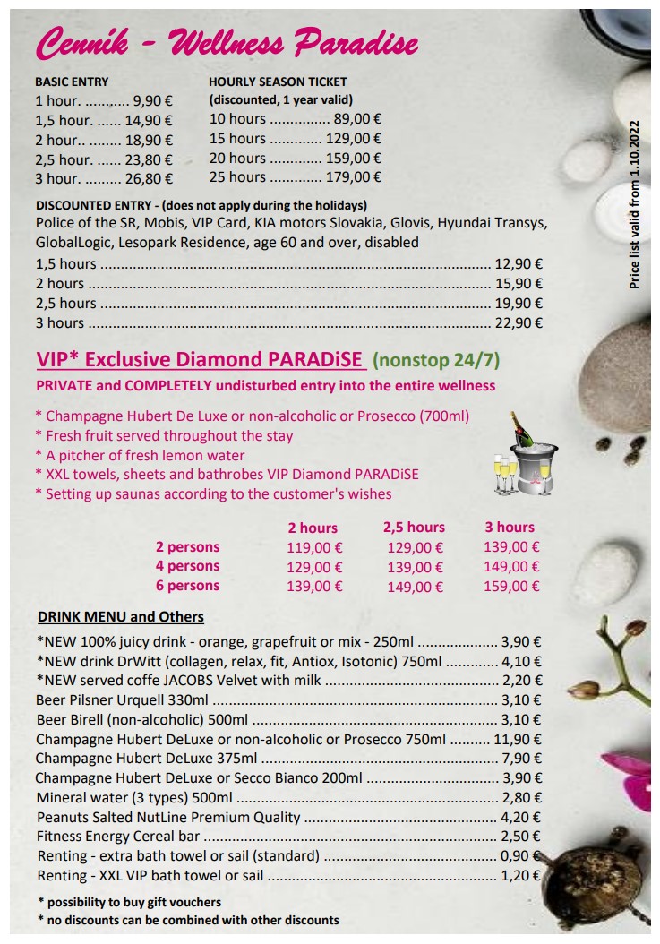 Price list Wellness PARADiSE, English - price list,. wellness paradise, offer, discount, voucher