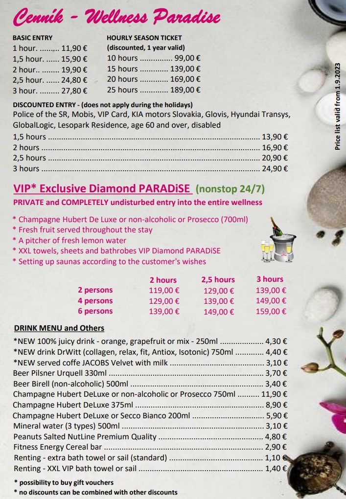 Price list Wellness PARADiSE, English - price list,. wellness paradise, offer, discount, voucher