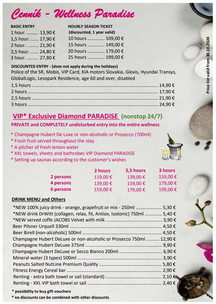 Price list Wellness PARADiSE, English - price list,. wellness paradise, offer, discount, voucher