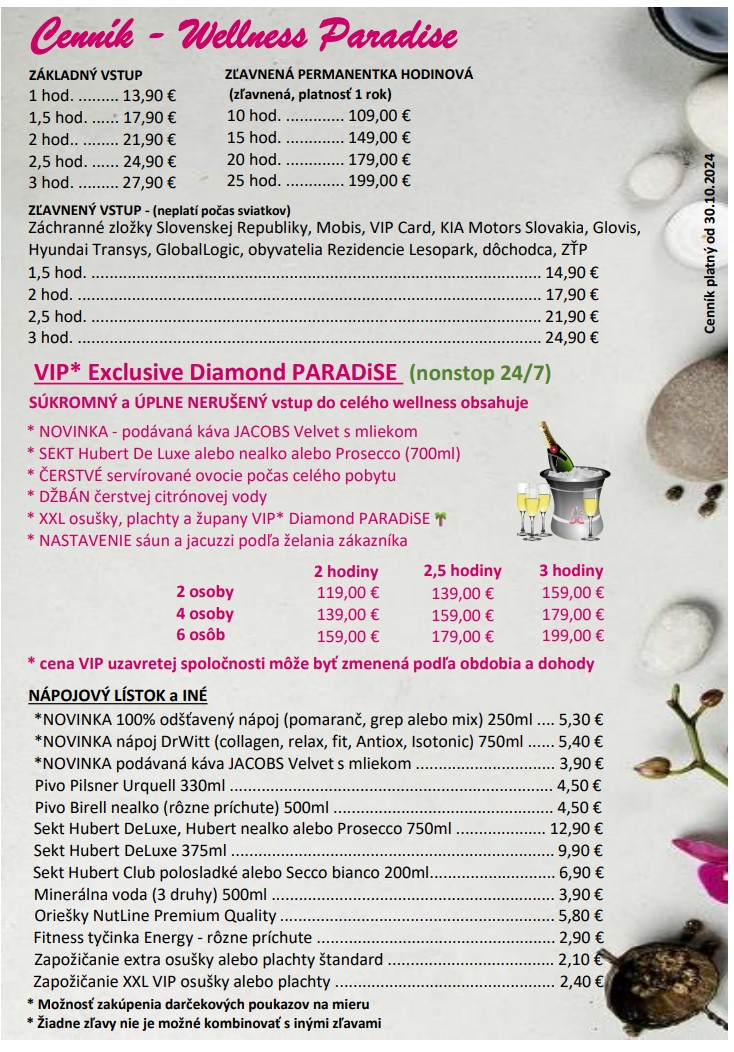 Cenník Wellness PARADiSE, ponuka, price list, offer, discount, VIP uzavretá spoločnosť, zľava, bonus, poukaz, permanentka